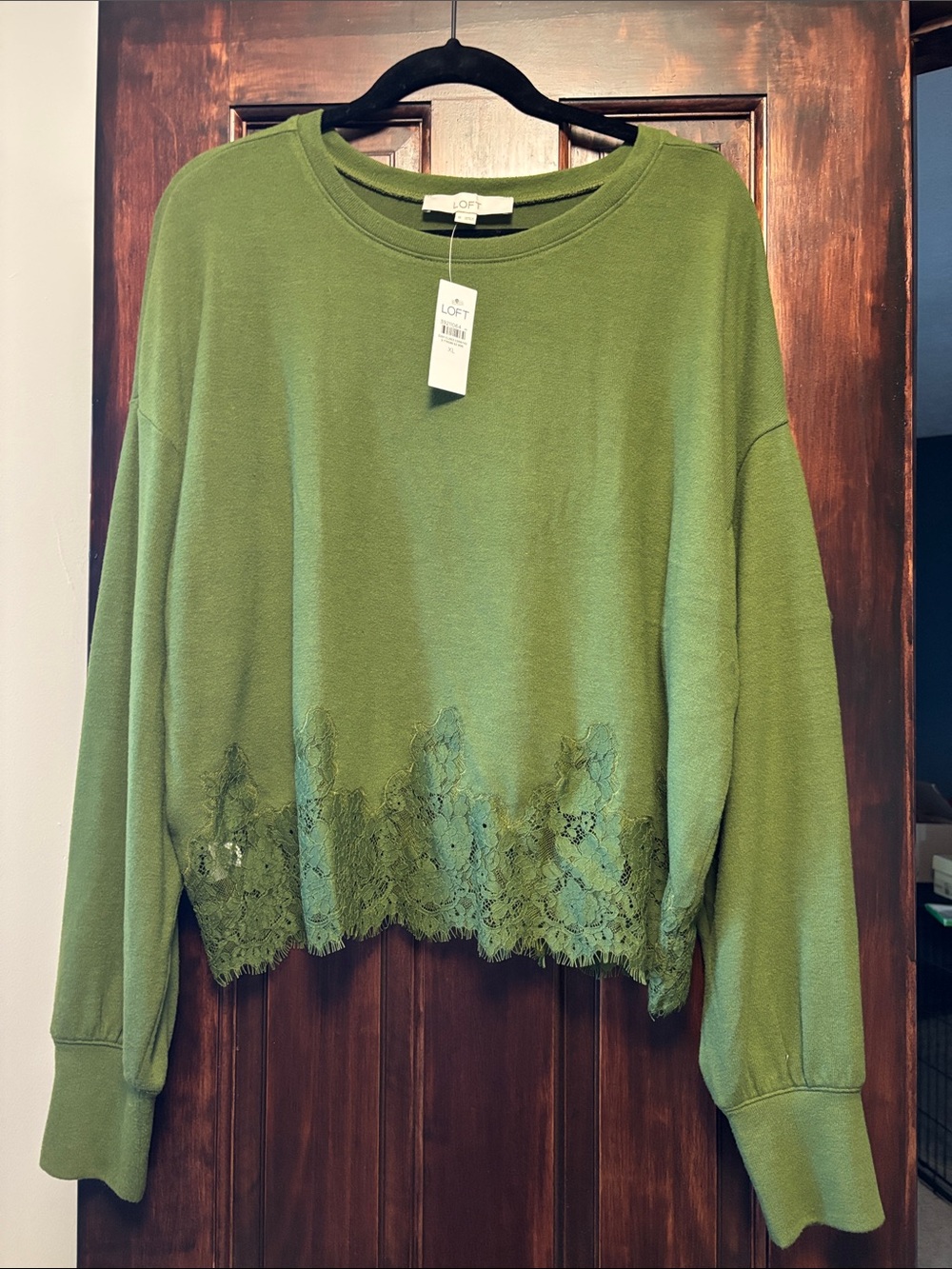 LOFT Olive Green Lace-Hem Pullover Sweatshirt NWT